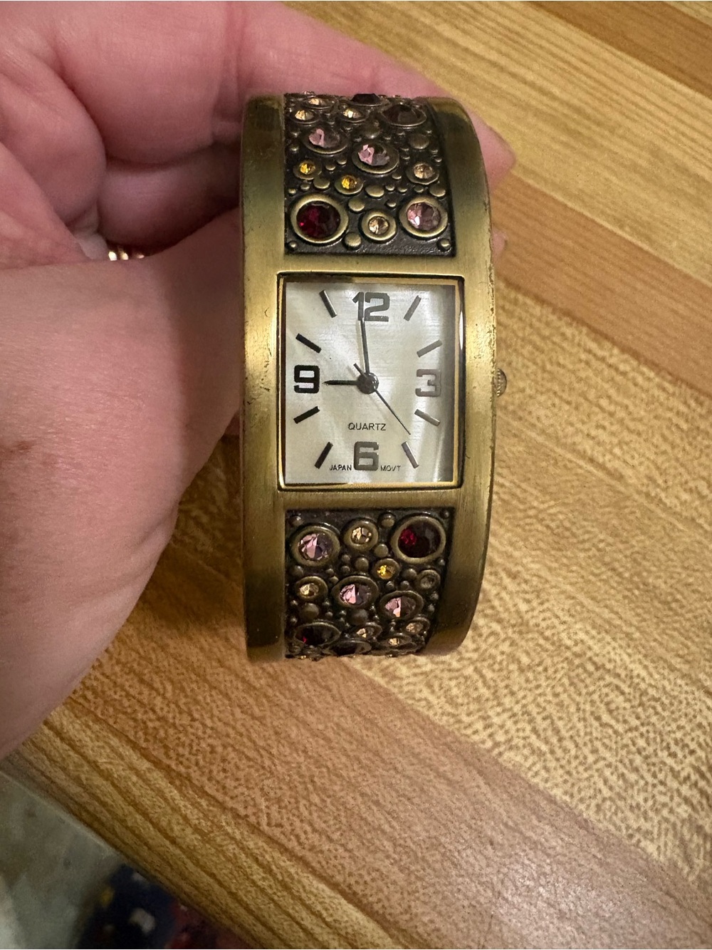 Quartz Crystal Accent Bangle Watch - Antique Brass Tone